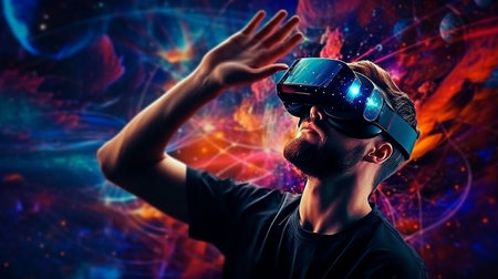Metaverse digital cyber world technology, a person playing an augmented reality game while wearing virtual reality goggles, and a futuristic way of living. GENERATE AIの素材