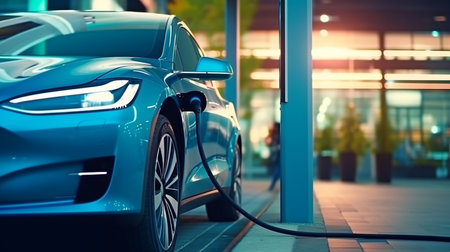 Future EV car idea, electric vehicle changing on street parking with graphical user interface. GENERATE AIの素材