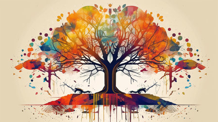 large tree with thick roots that is made out of geometric forms like triangles and geomatrics in various colors. tranquility, patience, splendor, and bright, vivid colors. GENERATE AIの素材