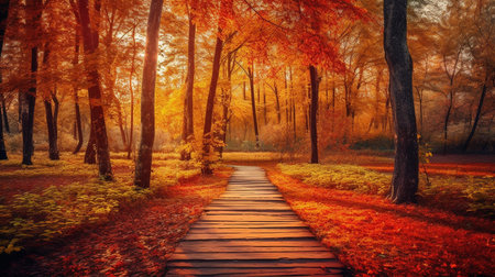 Beautiful woodland scenery in the fall, complete with beautiful trees, a pleasant road, and sunlight. The Generative AIの素材