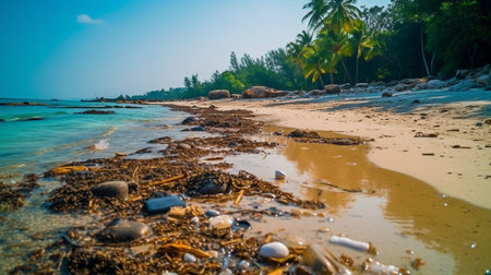 a filthy, plastic-filled beach on the island of Little Andaman in the Indian Ocean. pollution of beaches, natural plastics, and coastal ecosystems. The Generative AIの素材