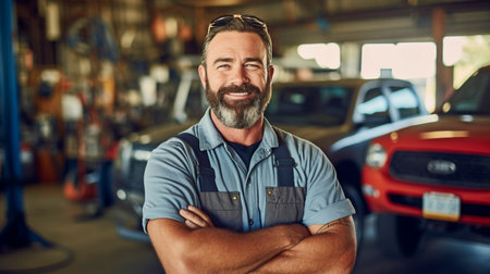 A guy technician is seen at a shop performing vehicle repairs. The Generative AIの素材