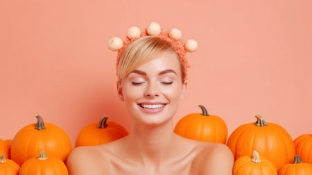 Pretty pink backdrop with a cute pumpkin and flowers. Cute girl in a portrait receiving spa treatments. Spa concept with a pink background and a pumpkin. GENERATE AIの素材