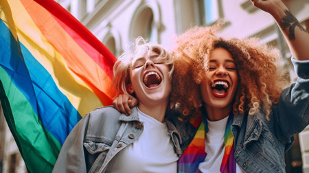 using photographs Gay couple yelling and cheering in favor of the LGBT community while holding up a rainbow flag. GENERATE AIの素材