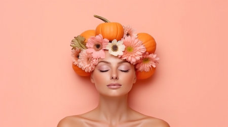 Pretty pink backdrop with a cute pumpkin and flowers. Cute girl in a portrait receiving spa treatments. Spa concept with a pink background and a pumpkin. GENERATE AIの素材