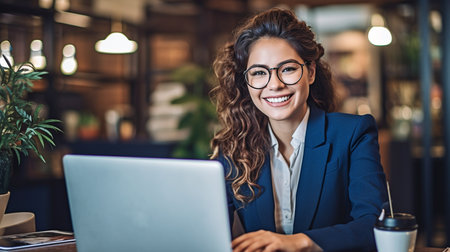 Suit-clad businesswoman working on her laptop while sitting in a coffee cafe. GENERATE AIの素材