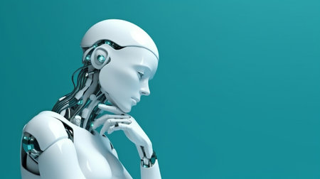 A turquoise wall is in front of a white humanoid robot. 3D representation. GENERATE AIの素材