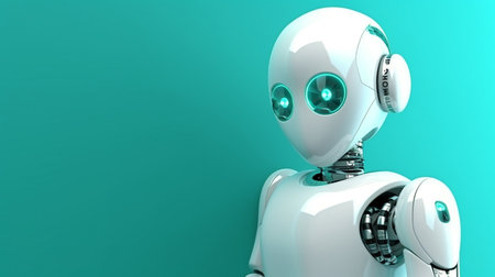 A turquoise wall is in front of a white humanoid robot. 3D representation. GENERATE AIの素材
