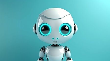 A turquoise wall is in front of a white humanoid robot. 3D representation. GENERATE AIの素材