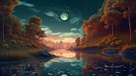 Landscape shot shows a nighttime natural scene with a harvest moon rising over a sparkling lake and beautiful birchwood trees, flowers, and a fantastic galaxy. digital art in 3D. GENERATE AIの素材