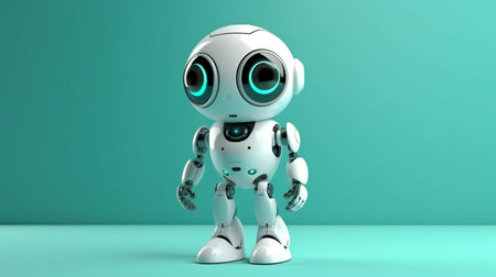 A turquoise wall is in front of a white humanoid robot. 3D representation. GENERATE AIの素材