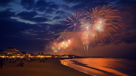Photographing fireworks on the beach, at sea, and on New Year's Eve. GENERATE AIの素材