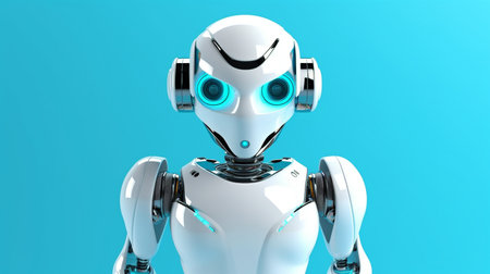 A turquoise wall is in front of a white humanoid robot. 3D representation. GENERATE AIの素材