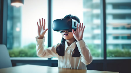 a portrait image shows a young girl at her home office, using motions typical of virtual reality gaming play.  GENERATE AIの素材