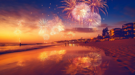 Photographing fireworks on the beach, at sea, and on New Year's Eve. GENERATE AIの素材