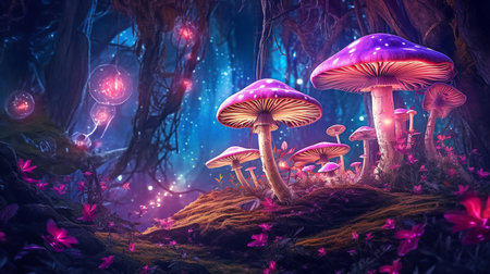 Magical Butterflies and Mushrooms in a Fairy Tale Enchanting, dreamlike elven woodland with fantastical pink flowering flowers against a shadowy, nighttime sky. GENERATE AIの素材