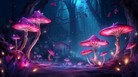 Magical Butterflies and Mushrooms in a Fairy Tale Enchanting, dreamlike elven woodland with fantastical pink flowering flowers against a shadowy, nighttime sky. GENERATE AIの素材