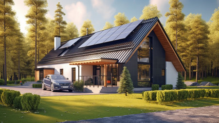 Create a medium-sized Nordic home with three bedrooms, a carport, and solar panels on the roof. Use vibrant colors. GENERATE AIの素材