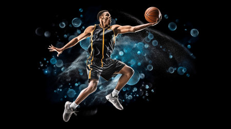 Young professional basketball player leaping with the ball on a dark backdrop is an idea for an active, creative, and healthy sporting lifestyle. GENERATE AIの素材