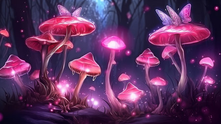 Magical Butterflies and Mushrooms in a Fairy Tale Enchanting, dreamlike elven woodland with fantastical pink flowering flowers against a shadowy, nighttime sky. GENERATE AIの素材