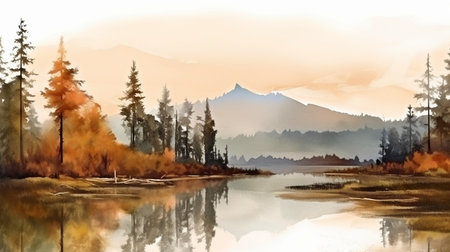 Painting in watercolor featuring mountains, forests, and lakes. The creation of digital art.  GENERATE AIの素材