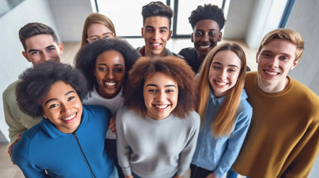 young individuals of various races standing in a circle, grinning at the camera. GENERATE AIの素材