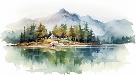 Painting in watercolor featuring mountains, forests, and lakes. The creation of digital art.  GENERATE AIの素材