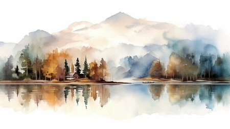 Painting in watercolor featuring mountains, forests, and lakes. The creation of digital art.  GENERATE AIの素材