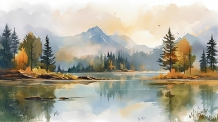 Painting in watercolor featuring mountains, forests, and lakes. The creation of digital art.  GENERATE AIの素材