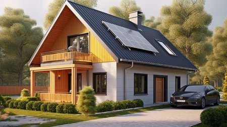 Create a medium-sized Nordic home with three bedrooms, a carport, and solar panels on the roof. Use vibrant colors. GENERATE AIの素材