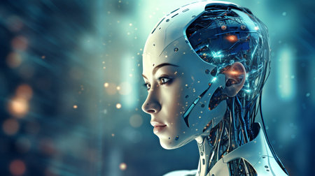 a snapshot of a cyborg, robot, or office worker in the new workforce. Robotics, the future, technology, and mixed media in the form of a modern design magazine. GENERATE AIの素材