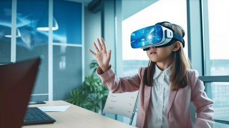 a portrait image shows a young girl at her home office, using motions typical of virtual reality gaming play.  GENERATE AIの素材