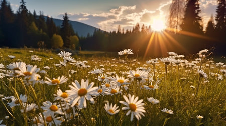 Photograph of a summer dawn over daisies in a landscape. Meadow with spring daisies in bloom. GENERATE AIの素材