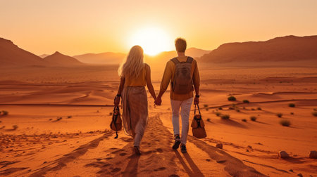 Couple strolling in the Sahara Desert at dusk. A back view, Travel. GENERATE AIの素材