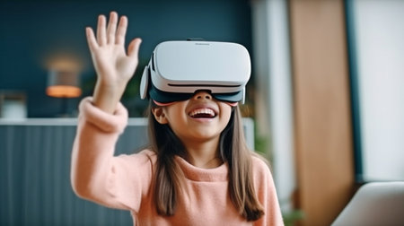 a portrait image shows a young girl at her home office, using motions typical of virtual reality gaming play.  GENERATE AIの素材