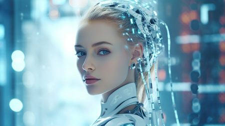 a snapshot of a cyborg, robot, or office worker in the new workforce. Robotics, the future, technology, and mixed media in the form of a modern design magazine. GENERATE AIの素材