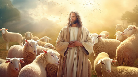 Jesus tends to the white dove, cros, and sheep.  GENERATE AIの素材