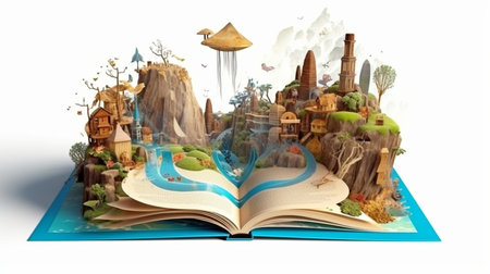 Open storybook pages reveal fantastical realms. Concept art of dream travels and adventure stories. Storytelling concept.  GENERATE AIの素材