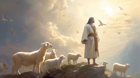 Jesus tends to the white dove, cros, and sheep.  GENERATE AIの素材