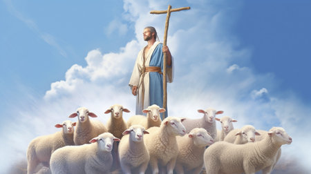 Jesus tends to the white dove, cros, and sheep.  GENERATE AIの素材