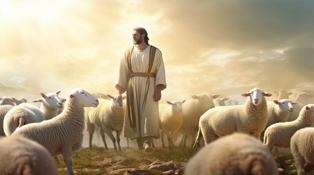 Jesus tends to the white dove, cros, and sheep.  GENERATE AIの素材
