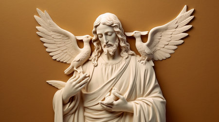 Jesus with the crucifix, white dove, shepherd, and cross in his hands.  GENERATE AIの素材
