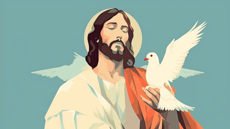 Jesus with the crucifix, white dove, shepherd, and cross in his hands.  GENERATE AIの素材