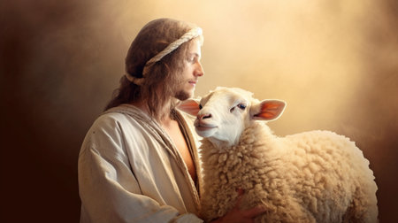 Jesus tends to the white dove, cros, and sheep.  GENERATE AIの素材