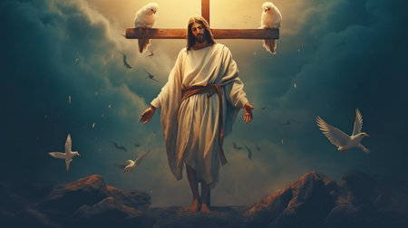 Jesus with the crucifix, white dove, shepherd, and cross in his hands.  GENERATE AIの素材