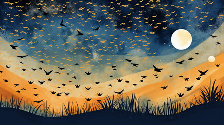 a work of abstract art with a background of the moon, stars, and flying birds.  GENERATE AIの素材