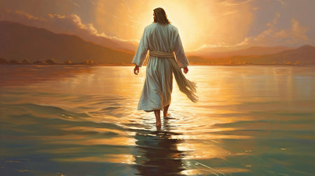 Jesus is seen in an artistic oil painting walking on water with the background lighted by the sun.  GENERATE AIの素材