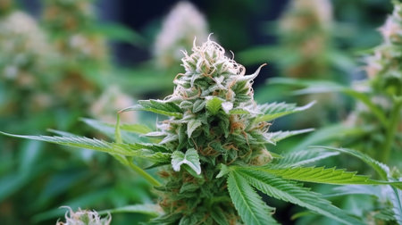 Bud of a cannabis flower Satival growing in a greenhouse, marijuana flower buds in the distance, herbal medication.  GENERATE AIの素材