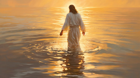 Jesus is seen in an artistic oil painting walking on water with the background lighted by the sun.  GENERATE AIの素材