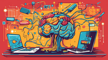 The human brain and computer are illustrated.  GENERATE AIの素材